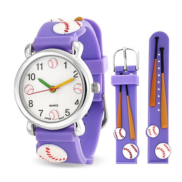 Baseball Bat Sports Waterproof Wrist Watch Time Teacher Quartz Baseball Bat Sports Waterproof Wrist Watch Time Teacher Quartz Cartoon Purple Silicone Wristband Round White