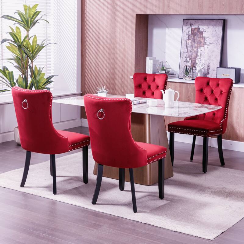 Set of 2 Velvet Upholstered Dining Chairs with Nailhead Trim and Wooden Legs