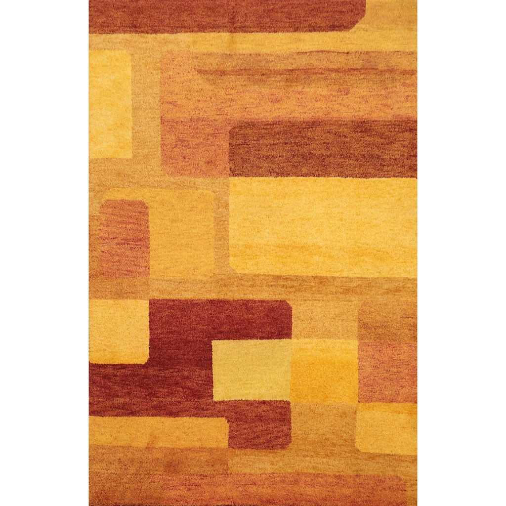 Hand Knotted Oriental 100% Wool Carpet Modern Geometric Yellow & Gold Gabbeh Area Rug - 6' 6'' X 4' 6''