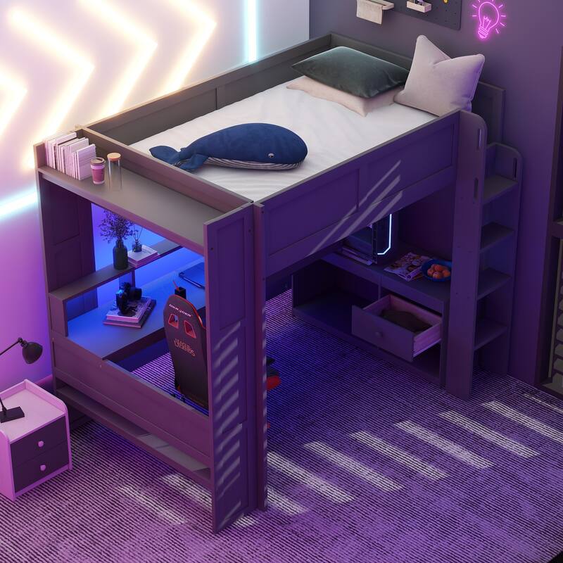 Full Size Loft Bed with Built-in Desk, LED Shelf Lighting, Charging Ports, and Storage Cabinet, Dark Gray Wood Frame
