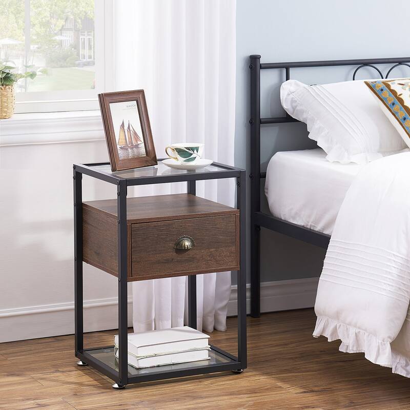 Javlergo Set of 2 Tempered Glass Nightstand with 1-Drawer and Open Shelf
