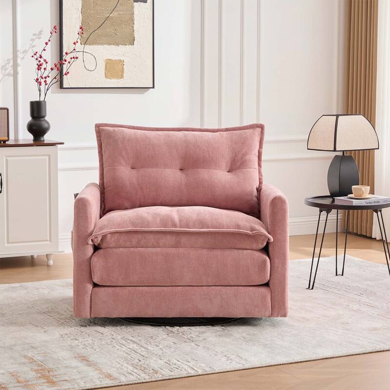 Modern Swivel Barrel Chair with Thick Padding,Metal Base,for Living Room and Bedroom - Pink