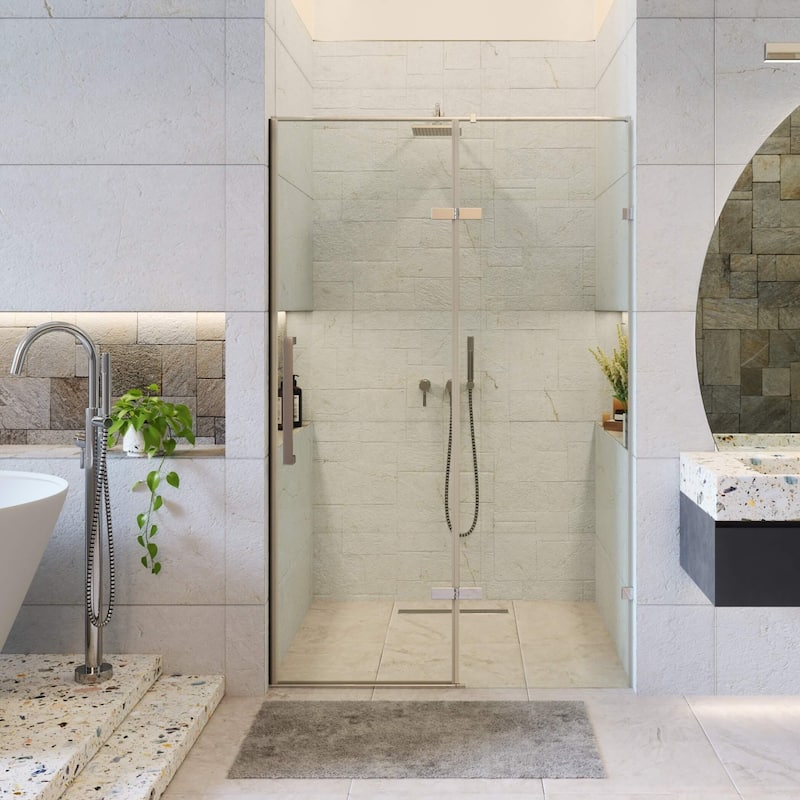 Fine Fixtures Hinged Clear Frameless Glass Shower Door Enclosure - 60 Inch - Polished Chrome