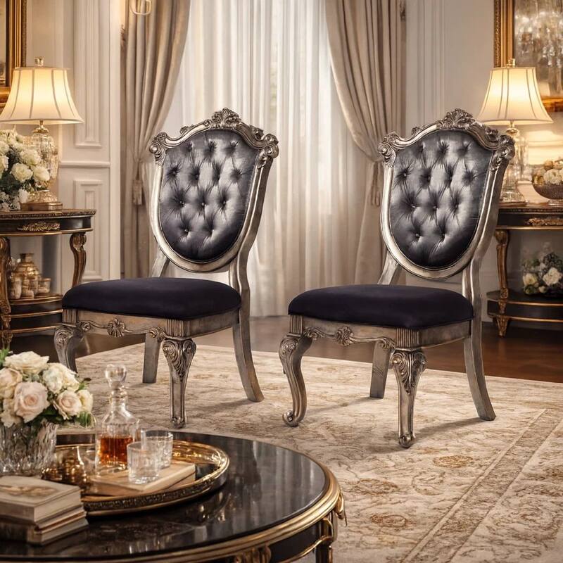 Wooden Side Chair with Cabriole Legs and Fabric Upholstered Seat, Gray and Silver, Set of Two