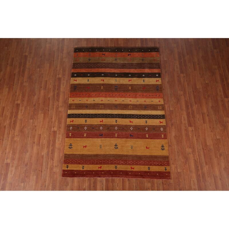 Striped Gabbeh Indian Area Rug Hand-Knotted Wool Carpet - 5'3"x 7'10"