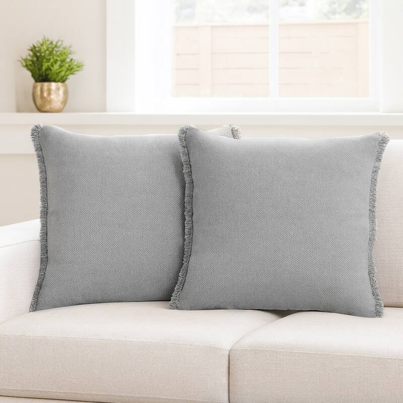 Textured Square Throw Pillows with Fringes - 20" - Gray - Set of 2