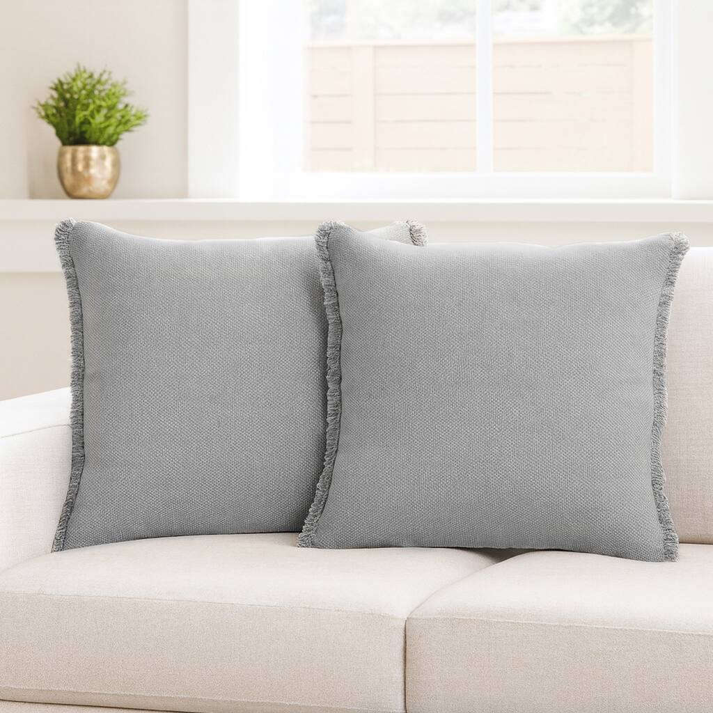 Textured Square Throw Pillows with Fringes - 20" - Gray - Set of 2