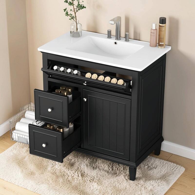 30 Inch Bathroom Vanity with Sink, Modern Vanity Cabinet with One Flip Drawer and Two Storage Drawers - Black