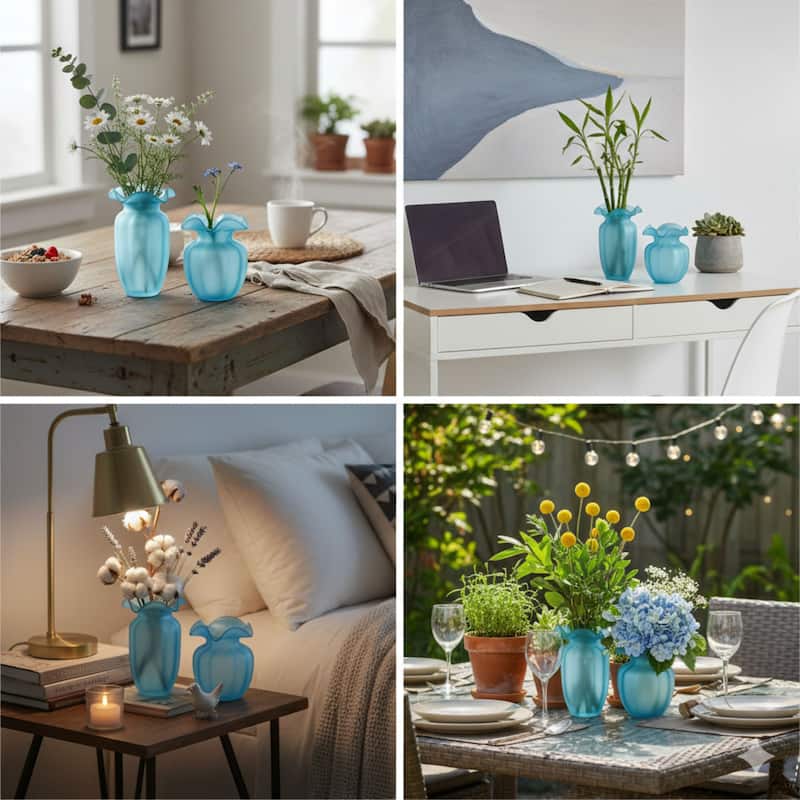 Fleurine Set of 2 Fluted Blooming Decorative Glass Flower Table Vases