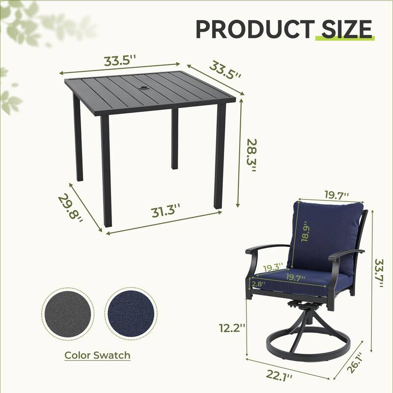 IvyGlow 5-Piece Black Metal Patio Dining Set with Square Table, 4 Swivel Dining Chairs and Gray Cushions