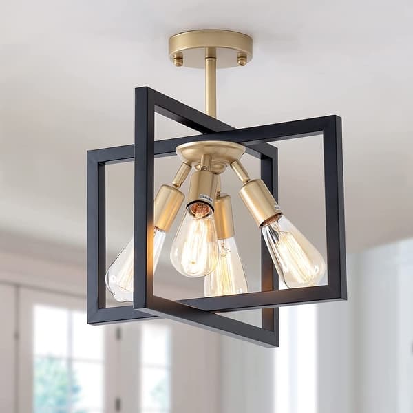 4 light industrial ceiling light fixture black and gold rectangle flush