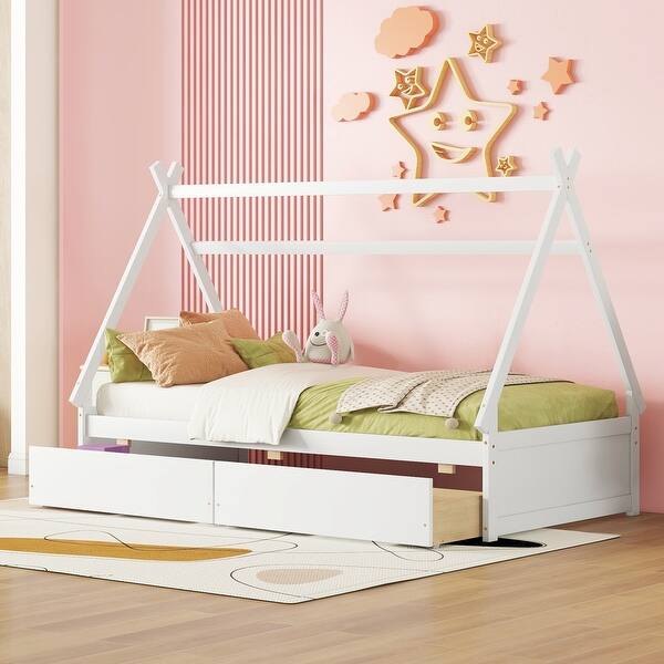 slide 2 of 18, Twin Size House-Shaped Platform Kids Bed Frame with Headboard, Footboard, and Two Storage Drawers, Easy to Assemble, White White