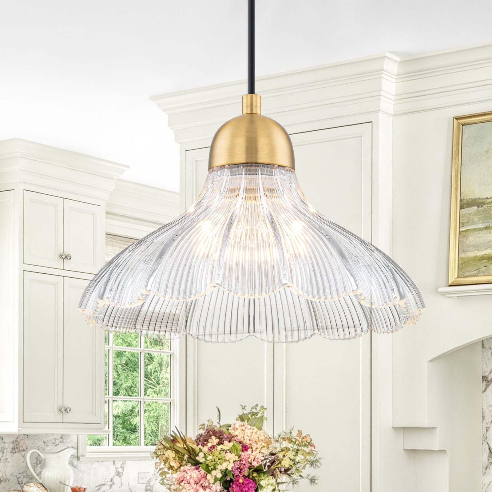 Modern Flower Pendant Light Floral Hanging Clear Petal Glass Shade - Dia.8.86inch