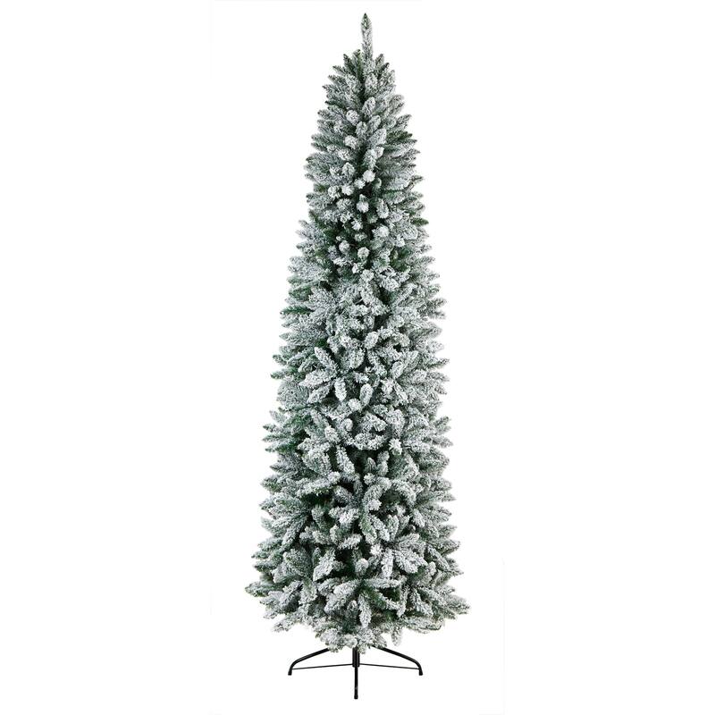9ft Artificial Christmas Tree with Lights - Slim Winter Fir, Prelit Warm White LED Tree, Flocked Holiday Decor - Green - 108