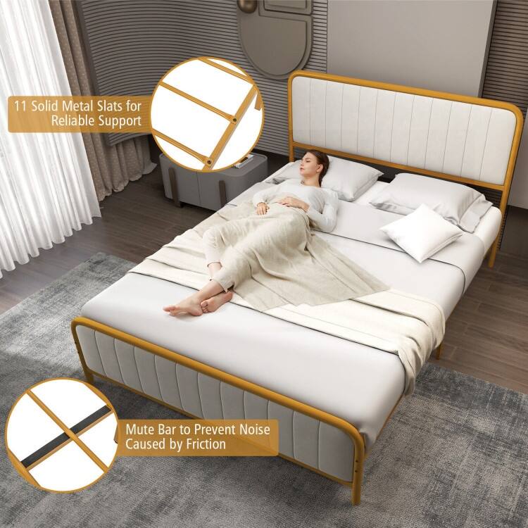 Upholstered Gold Platform Bed Frame with Velvet Headboard