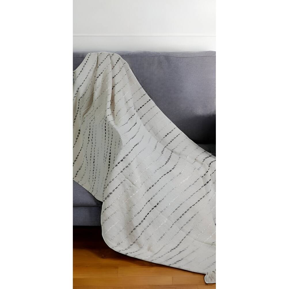 50" X 60" Cream Kantha Cotton Striped Throw Blanket with Embroidery