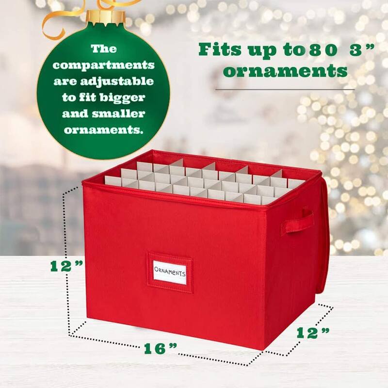 Xmas Ornament Storage Container with Dividers Fits Up to 80-3" Ornaments, Durable 600D, Grey