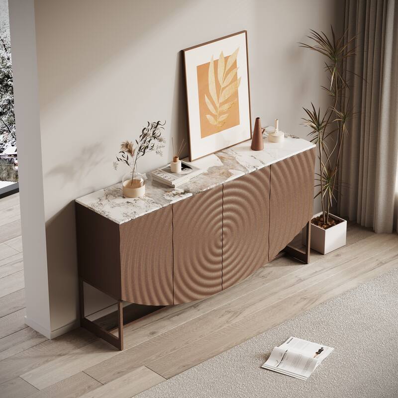 62" Luxury Buffet Cabinet with Faux Marble Top, Wave Texture Doors, Modern Kitchen Storage Credenza, Accent Sideboard with Shelf - Antique brown