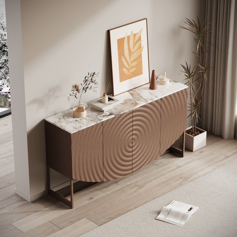 Modern Luxury 3 D wave Buffet Cabinet with Marble-like sticker Counter Top for Living room and Dining room