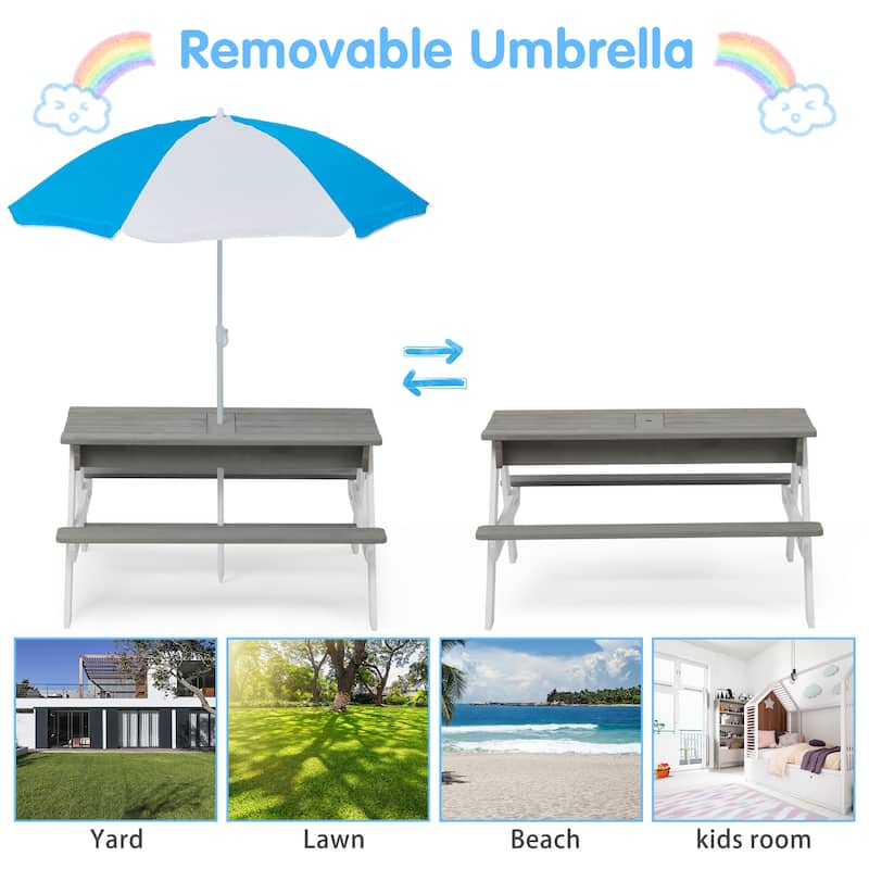 Kids Picnic Table Outdoor Activity Table with Umbrella Solid Wood 3 in 1 Sand and Water Play Table - 37" x 35" x 63"