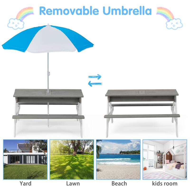 3-in-1 Kids Wood Outdoor Picnic Table with Umbrella, Convertible Sand & Wate