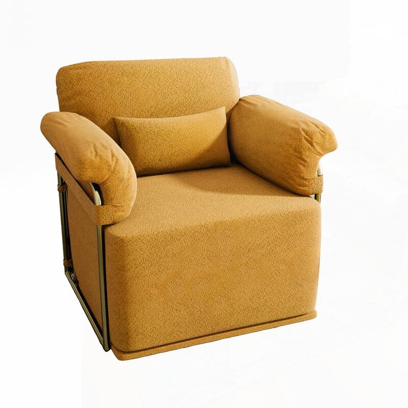 360 Degree Barrel Swivel Fluffy Fabric Lounge Wide Upholstered Reading Chair with Gold Metal Legs - Orange - Square Seat