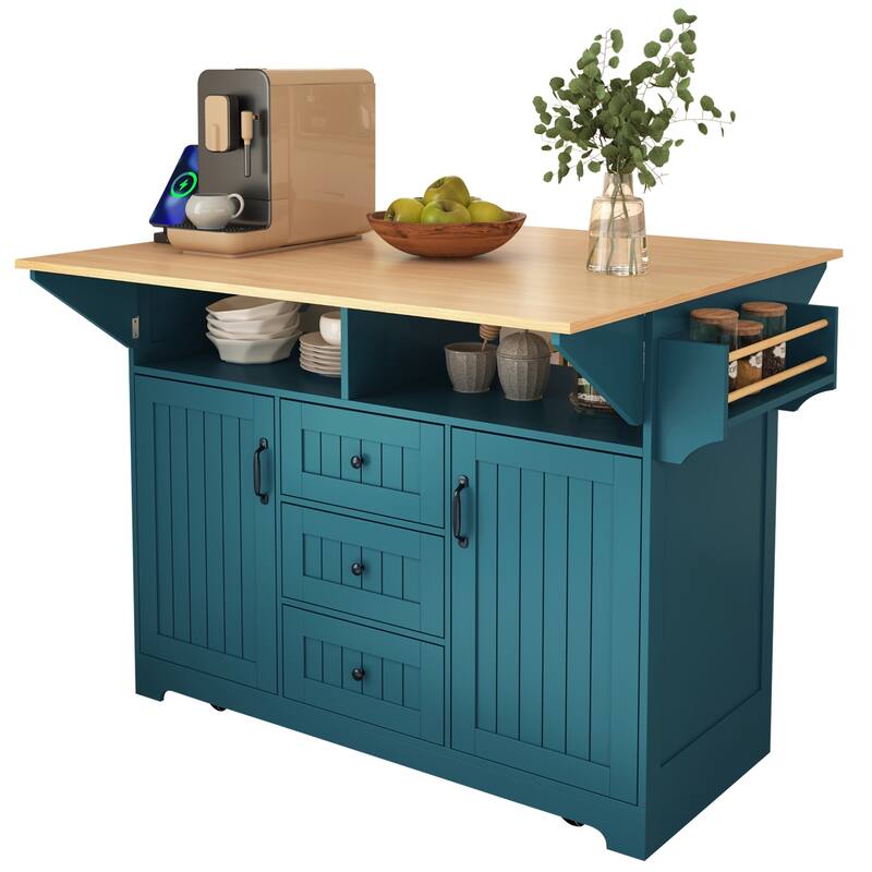 55.7" Large Kitchen Island with 2 Drop Leaf, on 5 Wheels with Power Outlet, Dining Table with Spice Towel Rack, 3 Drawers
