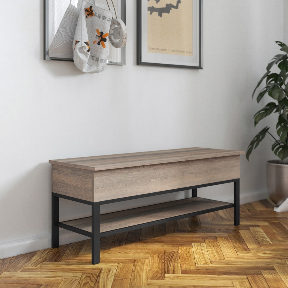 Farmhouse Entryway Bench with Hinged Lift Top and Storage On
