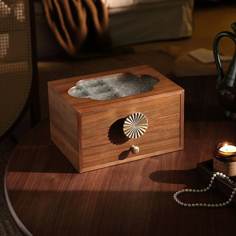 Walnut Color Pull-Out with Brass Handles and Glass Skylight 3-Tiered Jewelry Box - 10.24 - Walnut - 10.24