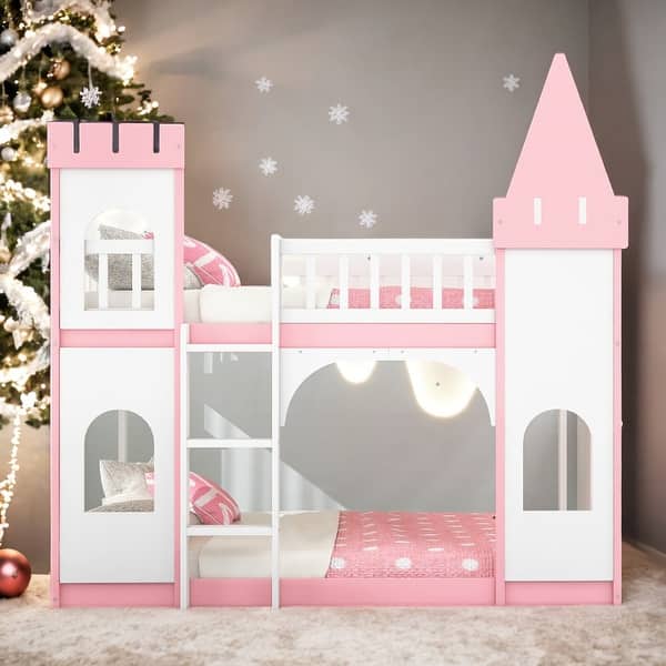 slide 2 of 15, Modren Twin Over Twin Castle Bunk Bed with Ladder and Solid Construction For Bedroom,Dorm,Kids Pink