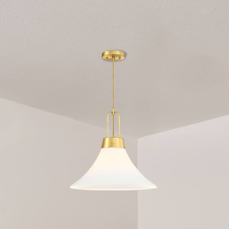 Evergreen Oasis 60 Watt 1-Light Brushed Gold Down Pendant Light with Etched Opal Glass Shade - 16.5