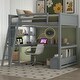 preview thumbnail 13 of 22, Solid Wood Loft Bed with Bulit-in Desk and LED Light, Full Size Loft Bedframe with Storage Bench, Shelves, 2 Drawers & USB Port Grey