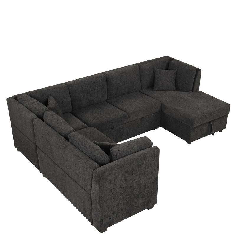 108.6" Fabric U-Shaped 6-Seat Sectional Sofa with Pull-Out Bed, Storage Chaise, USB Ports, and Power Outlets