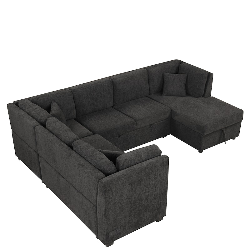 108.6" Fabric U-Shaped 6-Seater Sofa with Bed