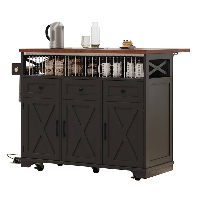 46.5" Farmhouse Kitchen Island Cart with Drape of Beads, Power Outlet, Rolling Kitchen Cart on Wheels with Drop Leaf