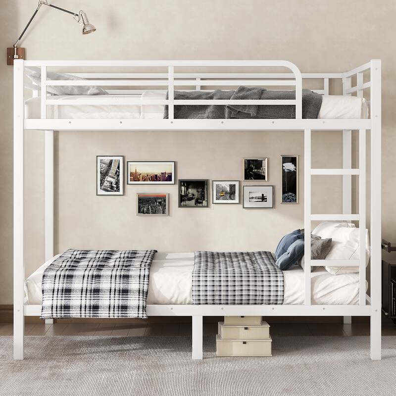 Space-Saving Full over Full Metal Bunk Bed for Teens and Adults, Noise Reduced, No Box Spring Needed, White