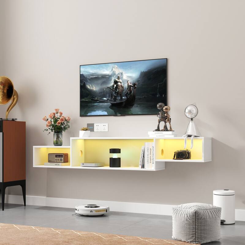 Modern Wall-Mounted Floating TV Stand with 20 Color LEDs and Charging Stations, for Living Room, White.