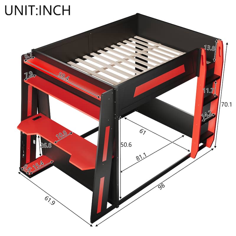 GDFStudio - GameCore Modern Wooden Queen Gaming Bunk Bed with Desk, USB and LED Lighting