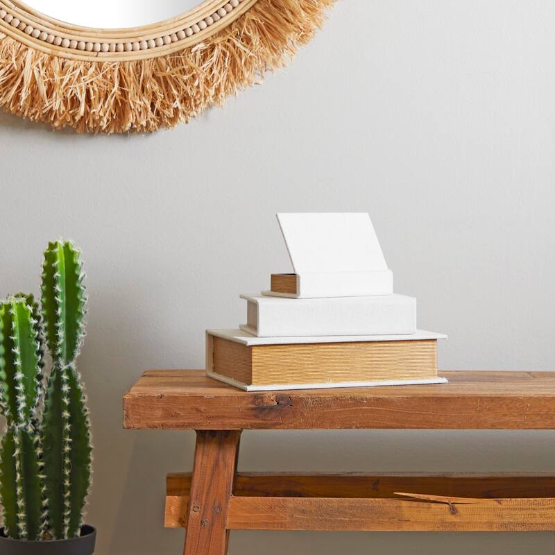 Burlap Leather Canvas Book Box Various Designs (Set of 3)