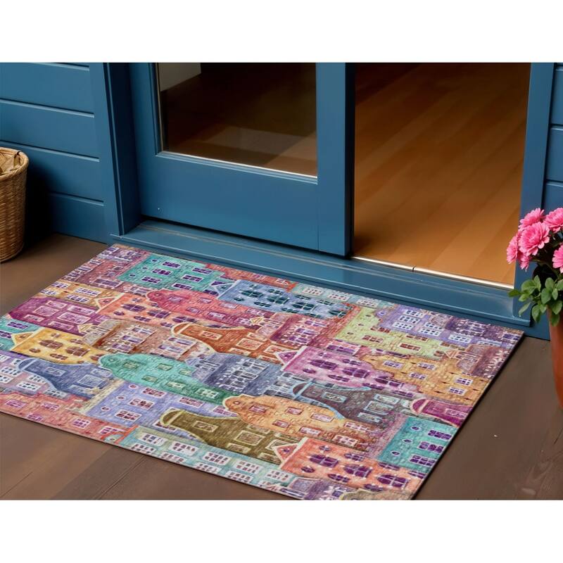 HomeRoots Village Houses Transitional Rectangle Outdoor Rug - 3' x 5'