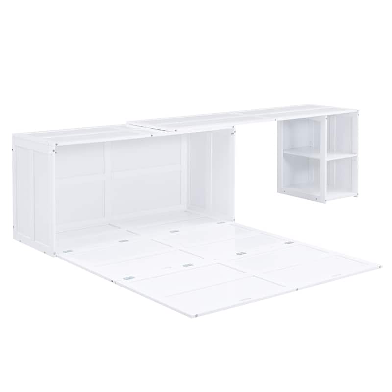 White Queen Murphy Bed in Pine Wood & MDF with Rotating Desk and Storage Shelves