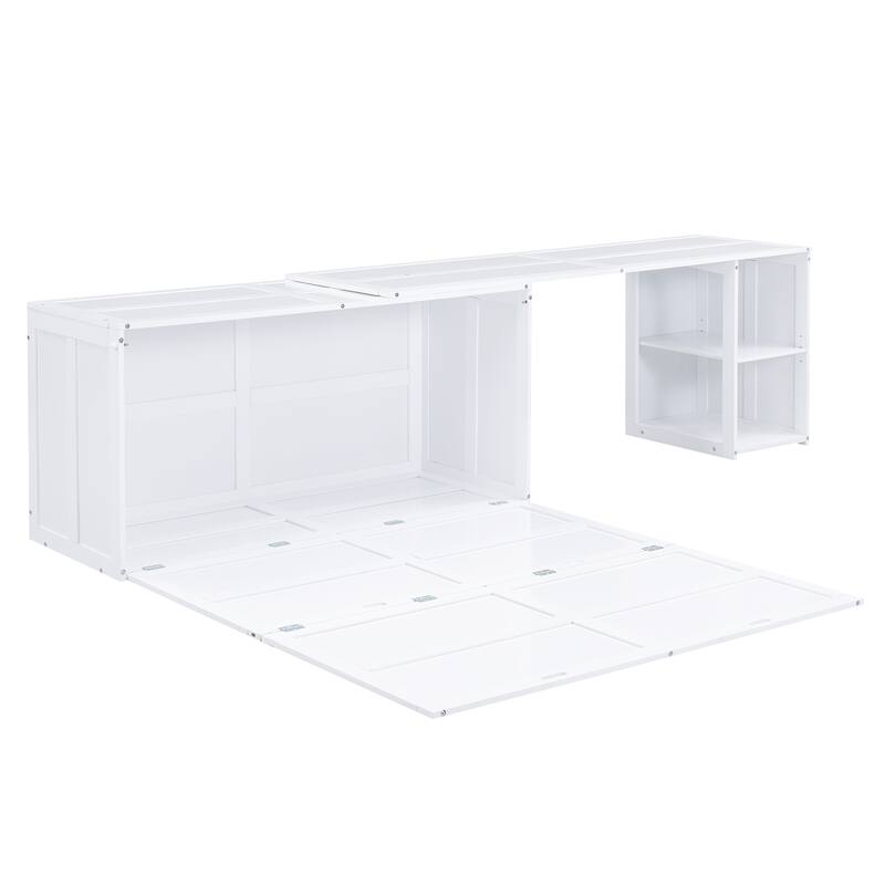 White Queen Murphy Bed with Rotating Desk and Shelves - Pine Wood and MDF Space-Saving Design