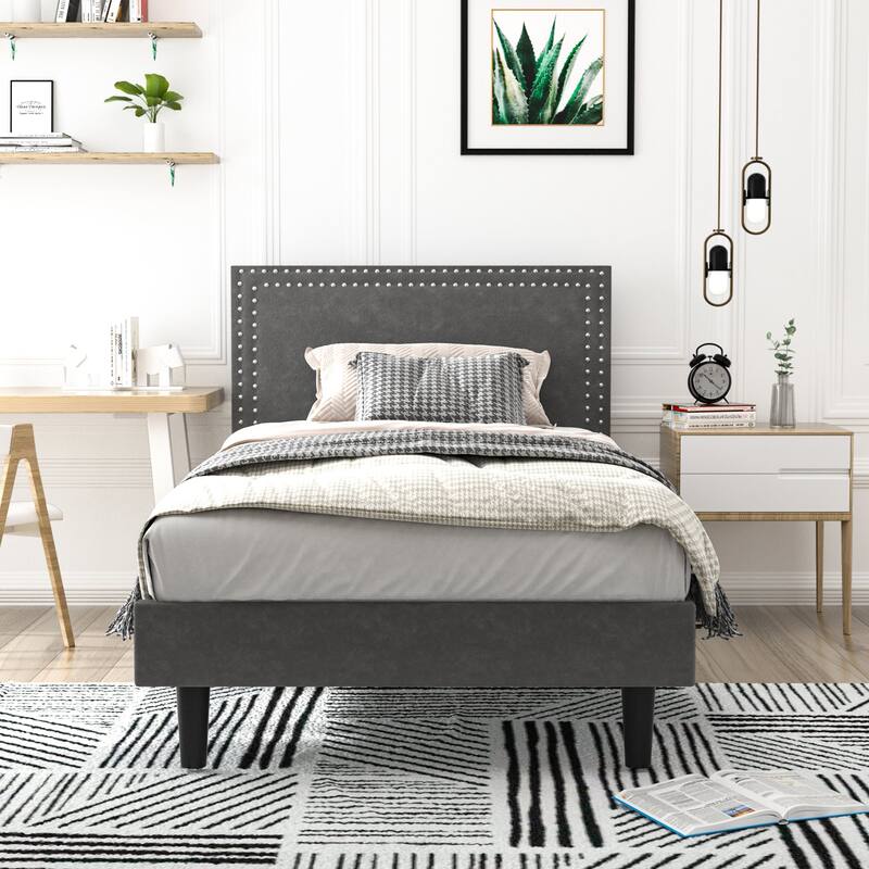 VECELO Upholstered Bed Frames with Height Adjustable Headboard - Grey - Twin