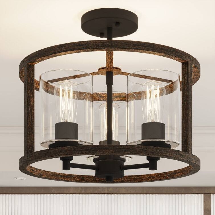 Allegray 3-light Modern Farmhouse Drum Semi-Flush Mount Lights with UL Certified - Weathered Walnut（Set of 1）