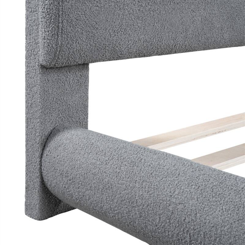 Teddy Fleece Upholstered Bed Frame with Curved Shaped Headboard, Full/Queen Size Platform Bed with Wood Slats Support