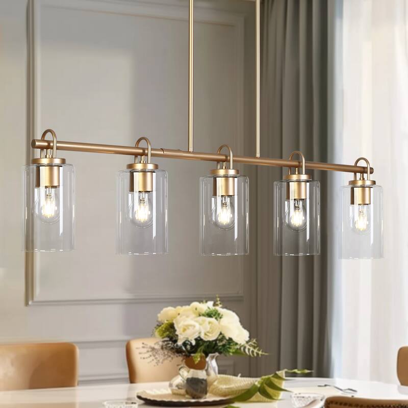 Modern Bronze Gold Linear Island Chandelier Farmhouse Dining Pendant with Cylinder Glass - 41.1"W x 4.3"D x 22.9"-72.9"H