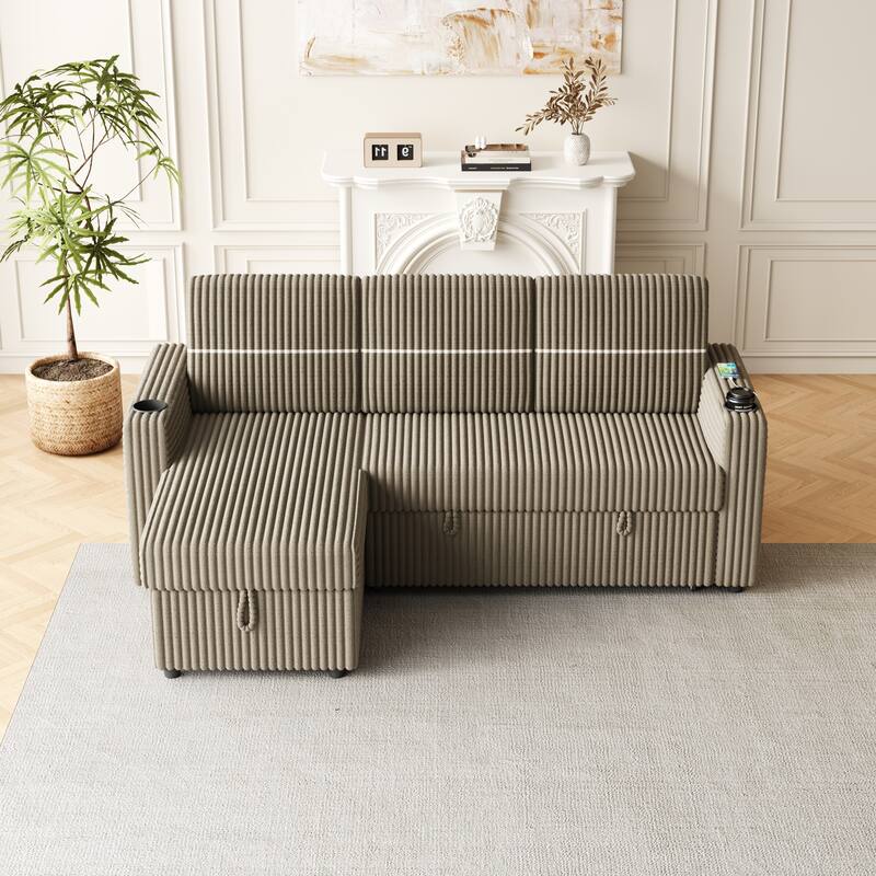 Pull-Out Sofa Bed with Storage Chaise, USB Port, and Cup Holders - 3-Seater Sleeper Couch
