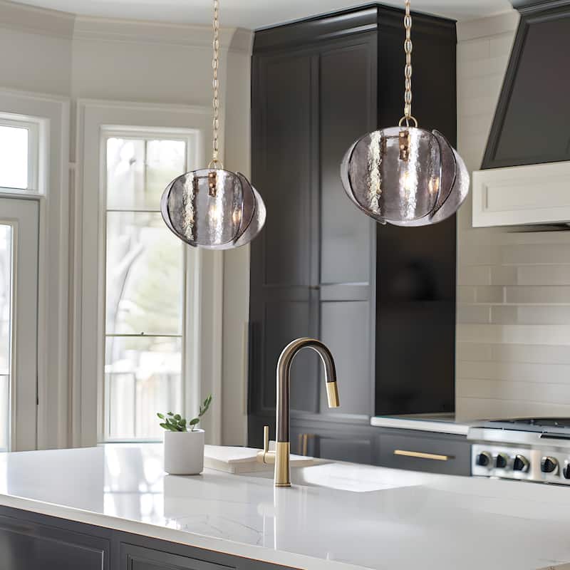 Modern 1-Light Smoky-gray Glass Pendant Light Art Deco Kitchen Island Light - D11.8" x H11.8"