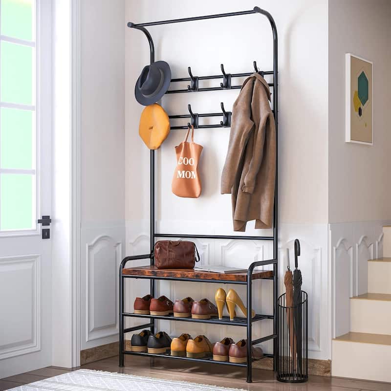 Narrow Hall Tree Storage Bench for Entryway, Coat Rack Shoe Bench