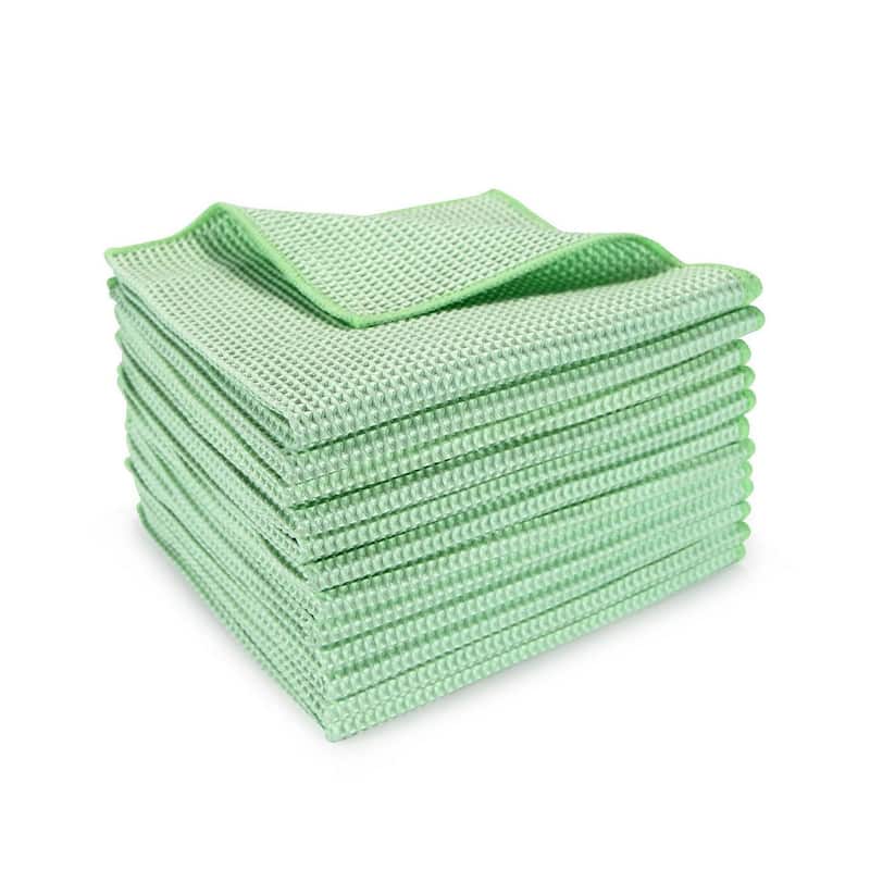 Arkwright 12-Piece Waffle Microfiber Cleaning Cloths - 16x16 - Green